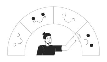 Mood tracking line illustration concept. Emotional awareness. Wellbeing tracker. Self regulation. Man choosing emotions from spectrum outline 2D character isolated. Ink linear drawing art vector