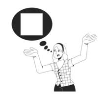 Frustrated blonde woman raising arms with thought bubble square 2D line character. Misunderstanding. Communication issue. Explaining isolated ink outline person. Monochromatic spot illustration vector
