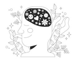 Mental health line illustration concept. Peaceful mind with positive thoughts. Mindfulness, positivity. Calm smiling face with flowers outline 2D character isolated. Ink linear drawing art vector