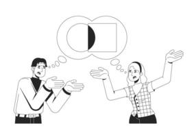Miscommunication and disagreement line illustration concept. Interpersonal communication. Arguing people conflicting thought bubble outline 2D characters isolated. Ink linear drawing art vector