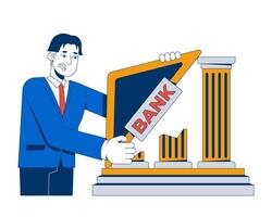 Bank collapse 2D illustration concept. Economic crisis. Institution banking intervention. Banker trying to hold up crumbling structure cartoon character isolated on white. Flat abstract graphic vector
