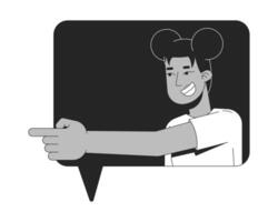 Laughing black woman pointing left in speech bubble 2D line character. Mocking teasing grinning african american female text message isolated ink outline person. Monochromatic spot illustration vector