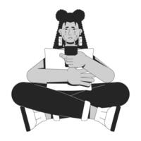 Crying latina woman cross-legged holding phone and pillow 2D line character. Bad news. Mobile heartbreak. Hispanic girl with tears isolated ink outline person. Monochromatic spot illustration vector