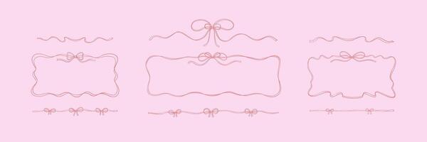 Bow ribbon pink divider and horizontal rectangle frame. Coquette girly sketch illustration in sketch stile. Hand drawn border. Christmas present, birthday gift tape pack. Elegant horizontal tinsel vector