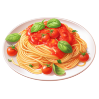 Plate of spaghetti pasta with tomato sauce fresh basil and cherry tomatoes for Italian cuisine and dinner concepts png