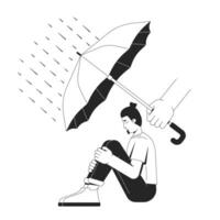 Support during mental health crisis line illustration concept. Protection in difficult times. Hand holding umbrella over depressed man outline 2D character isolated. Ink linear drawing art vector