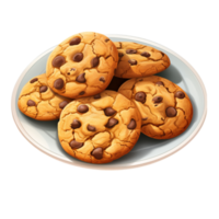 Plate of freshly baked chocolate chip cookies with golden crisp texture for dessert and snack s png
