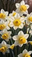 Bright yellow and white daffodils in full bloom create a stunning display in a spring garden, capturing the essence of renewal and growth, symbolizing new beginnings. photo