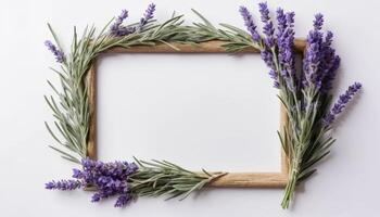 Wooden frame adorned with lavender sprigs, creating a natural and elegant border. Green leaves and purple flowers add a fresh, aromatic touch. Ideal for nature-themed designs. photo
