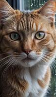 Close-up portrait of a ginger cat with striking eyes gazing intently through a window with raindrops. The cat appears calm and observant, surrounded by serene ambiance. photo