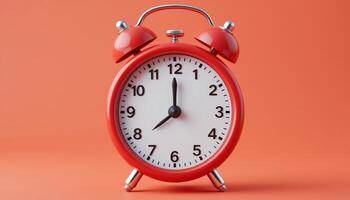 Classic red alarm clock against a bold background. Represents time management, punctuality, and wake-up routines. Ideal for concepts of urgency or daily schedules. photo