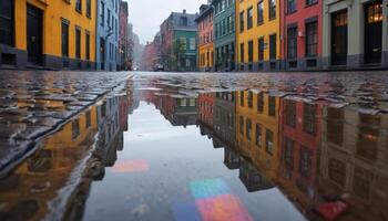 Cobblestone street featuring colorful buildings reflected in a large puddle after rain. The rain-soaked street enhances the reflection, showcasing the vibrant architecture. photo