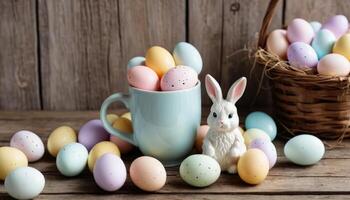 Pastel-colored Easter eggs fill a mug and wicker basket, accompanied by a white rabbit figurine. Arranged on a rustic wooden surface, creating a festive, decorative scene. photo