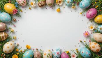 Colorful Easter eggs with floral patterns arranged with spring flowers framing an empty white space. Ideal for seasonal designs, invitations, or festive backgrounds. photo