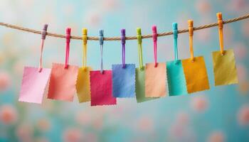 Vibrant colored paper notes clipped to a clothesline, attached with colorful clothespins against a blurred background. Represents creativity, organization, and communication concepts. photo