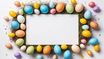 Festive arrangement of multicolored Easter eggs forming a decorative frame around a blank white center, suitable for adding personalized text or messages. Ideal for spring celebrations. photo