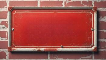 A red metal sign with a worn texture attached to a brick wall. The vintage style and rusty appearance suggest an aged look ideal for industrial or retro themes. photo