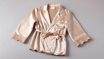 Luxurious beige silk robe elegantly displayed against a soft background. Features delicate lace cuffs and a sash tie, highlighting its smooth fabric and stylish design. photo