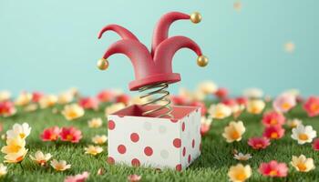 A playful jack-in-the-box with a jester hat springing from a polka-dot box, surrounded by colorful flowers. Perfect for party themes and playful designs. photo
