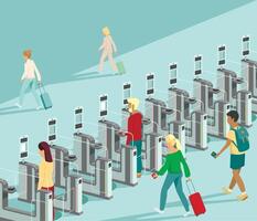 People walking through a line of automated ticket machines vector