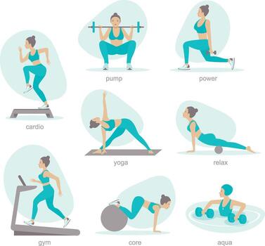 un mujer haciendo varios ejercicios en diferente poses vector