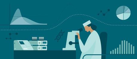 A man in a lab coat is looking at a computer screen vector