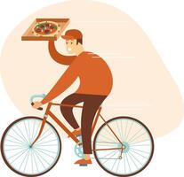 A man riding a bike with a pizza on the front vector