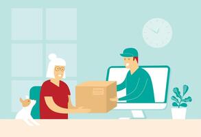 A woman is holding a box while a man is sitting at a desk vector