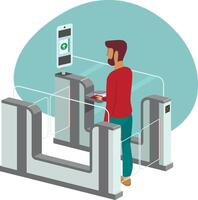 A man standing at a turnstile with a phone vector