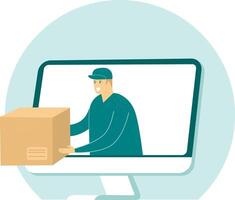 A man is holding a box in front of a computer screen vector