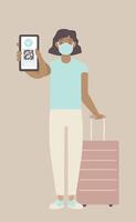 A woman wearing a mask and holding a tablet with a qr code vector