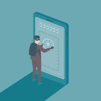 A man in a suit is looking at a phone screen with a lock on it vector
