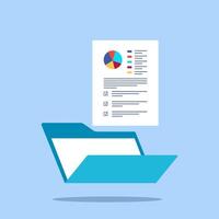 Open folder and documents, statistical data with charts, diagrams. Workplace documents for financial statistics, reporting, strategy development. Data analysis. illustration. vector