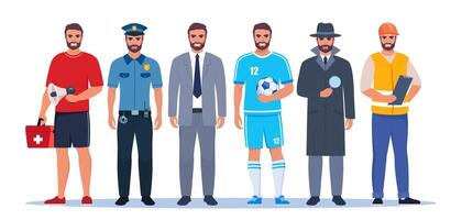 Jobs and professions set. Men in uniforms, different occupation, work. Same man character in different occupations. illustration. vector