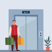 Hotel lobby with elevator. Bellboy dressed in red uniform with suitcases near the elevator. illustration. vector