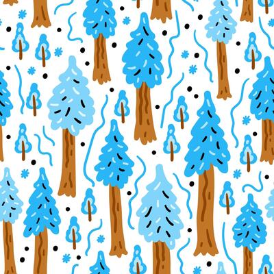 Bright forest funny cartoon seamless pattern. Nature cheerful children trees background. For children textiles, hand-drawn for babies. Northern winter forest