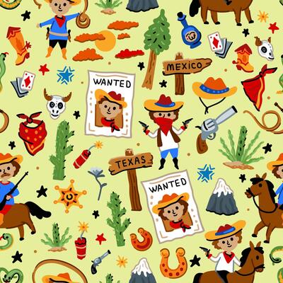 Bright children seamless pattern with American western cowboy from wild west rural Landscape. Childish background. Wild West. Texas. Cheerful characters with animals