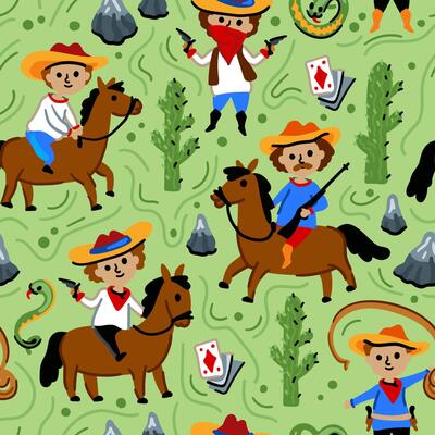 Cowboy native American western pattern. Bright children seamless with American western cowboy from wild west rural Landscape. Childish background. Wild West. Texas. Cheerful animals and plants.
