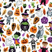 Seamless pattern of Halloween characters, Children in scary witch, vampire and monster costumes background vector