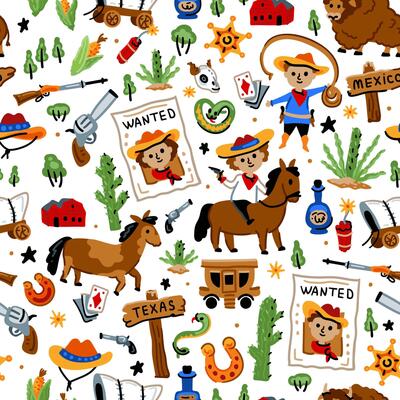 Bright children seamless pattern with American western cowboy from wild west rural Landscape. Childish background. Wild West. Texas. Cheerful characters with animals and plants.
