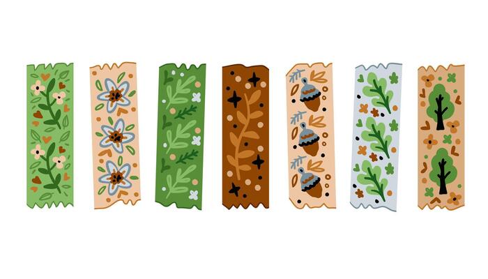 Collection of bright washi tape strips. Colorful forest scrapbook stripes, sticky label tags and decorative scotch strip. Border elements, paper. Nature motives. Forest. Trees and flowers