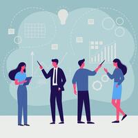 Team of professionals discussing financial charts and business strategy in collaborative meeting. illustration for teamwork, planning, corporate concepts. vector
