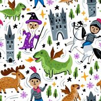 Bright seamless pattern with fairy tale characters. Middle Ages magic legends Kingdom elements. Childish background. Knight, Castle and Wizard and Dragon vector