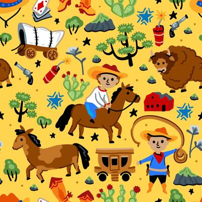 Cowboy native American western pattern. Bright children seamless with American western cowboy from wild west rural Landscape. Childish background. Wild West. Cheerful characters