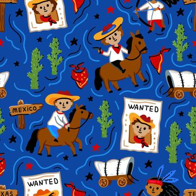 Cowboy native American western pattern. Bright children seamless with American western cowboy from wild west rural Landscape. Childish background. Wild West. Texas with animals and plants.
