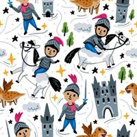 Bright children seamless pattern of fairy tale characters. Childish background of little knight cartoon with dragon and castle vector