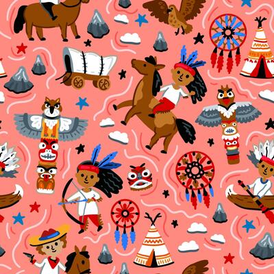 Cowboy native American western pattern. Bright children seamless with American western cowboy from wild west rural Landscape. Childish background. Wild West. Texas. Cheerful characters