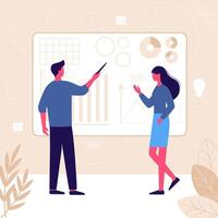 illustration of a man and woman discussing charts on a whiteboard. Concept of teamwork, data analysis, business planning, marketing, corporate training. vector