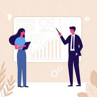 Business presentation with man in suit and woman holding tablet analyzing financial data charts. illustration for marketing, teamwork, analytics concepts. vector