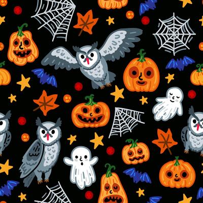 Halloween childish pumpkin background with owl, ghost and bat seamless